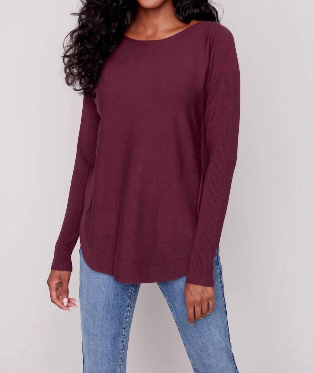 NEW CHARLIE B lace-up detail eyelet sweater in port